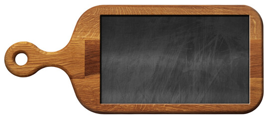 Close-up of an old wooden cutting board with a blank chalkboard inside isolated on white or...