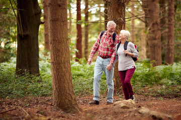 Loving Retired Senior Couple Hiking In Woodland Countryside Together