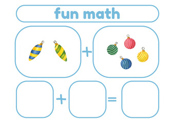 Christmas Activity page, sheet for kids. Arithmetic task with New Year's gifts. A game for teaching a child to count. An exercise for learning numbers. a mathematical example for a preschooler.