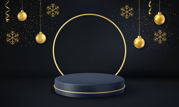 3d Black podium for Christmas display on black background. Realistic black pedestal on Christmas background.