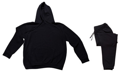 set of black hoodie sweatshirt with pants on white background copy space. Set of black tracksuit isolated