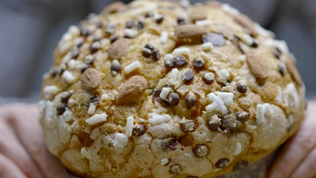 Traditional Italian homemade Christmas panettone typical of Milan with almonds, chocolate drops and sugar