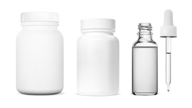 White pill jar. Vitamin capsule bottle set, vector template. Supplement pill box design, isolated pharmacy drug product package. Glass dropper bottle for liquid medication. Pillbox presentation