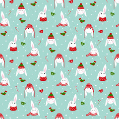 Christmas pattern with snowflakes and cute bunny on blue background, vector winter holiday cozy style illustration
