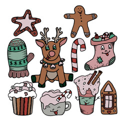 Vector Christmas illustration. Hand drawn doodles set.