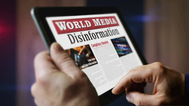 Disinformation fake news, manipulation and propaganda daily newspaper reading on mobile tablet computer screen. Man touch screen with headlines news abstract concept 3d. 