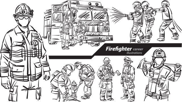 firefighter career profession work doodle design drawing vector illustration