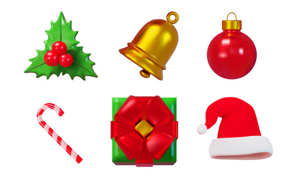 Set of Christmas objects, 3d render holly, gift, santa hat, etc. Vector illustration
