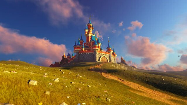Fantasy palace on a high mountain surrounded by green grass and blue sky