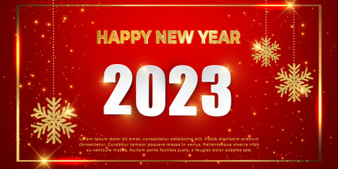 Elegant 2023 New Year greeting card with shining glitter glowing golden snowflakes hanging on red background. Happy new year 2023 and Christmas greeting card. Vector holiday celebration illustration.