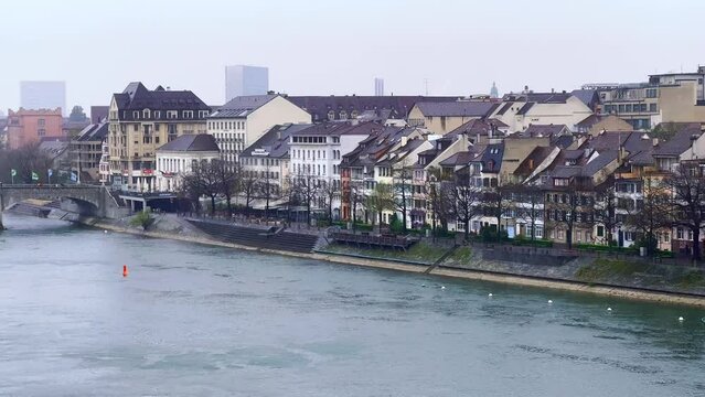 Panorama of River Rhine and Altstadt Kleinbasel, Basel, Switzerland