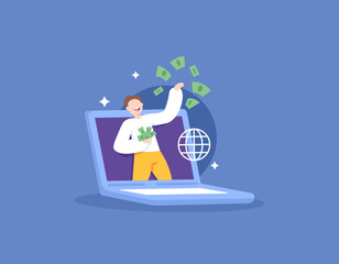 online work or freelance work. make money from the internet. one worker earns a lot online from a side job. work on a laptop. technology. illustration concept design. software, apps, websites