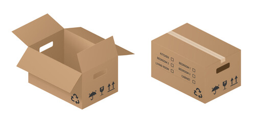 Isometric Cardboard box Isolated, Realistic. Open and closed brown carton cardboard box with hole, inscriptions Kitchen, Bedroom, Cabinet, Living Room. Relocation, Moving, Retirement