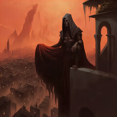A mysterious hooded figure stands on a tall tower, looking down at the city below. Fantasy illustration.