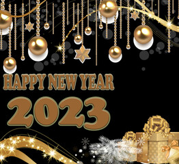 happy new year holiday  celebration in graphic illustration greeting calendar winter season decoration background and wallpaper design with golden ornament and black abstract event party .