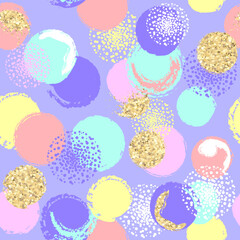 Abstract seamless pattern with colorful circle, spots, spray and gold glitter. Fashion texture background. Creative wallpaper for girl.