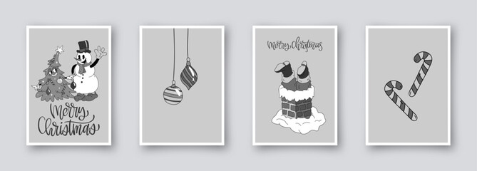 Collection of 4 simple christmas cards in retro cartoon style isolated on background. Hand drawn cute vintage posters, holiday covers or banners