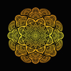 Round gradient mandala on white isolated black background. Vector boho mandala in yellow, golden color. suitable for invitation cards and Yoga templates.