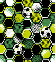 Abstract seamless pattern with urban geometric elements, scuffed, drops, spots. Sport neon texture background. Football and soccer ball  wallpaper. © artlavi_design