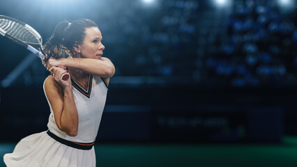 Female Tennis Player Hitting Ball with a Racquet During Championship Match. Professional Woman Athlete Striking Ball. Official World Tournament. Sportswoman Playing Final Set of the Game.