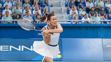 Female Tennis Player Hitting Ball with a Racquet During Championship Match. Professional Woman Athlete Striking Ball. World Sports Tournament with Audience Cheering. Crowd Supporting Sportswoman.