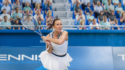 Female Tennis Player Hitting Ball with a Racquet During Championship Match. Professional Woman Athlete Recieving Ball. World Sports Tournament with Audience Cheering. Crowd Supporting Sportswoman.