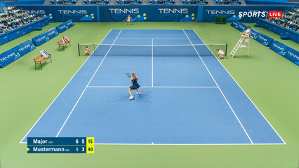 Sports TV Broadcast of Female Tennis Championship Match Full Set. Two Professional Women Athletes Compete, Hit Fault Shot. Network Channel Television With Audience. High Angle View Photo.