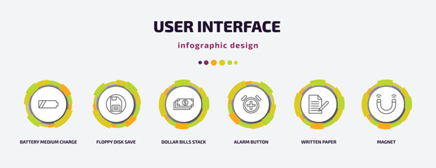 user interface infographic template with icons and 6 step or option. user interface icons such as battery medium charge, floppy disk save button, dollar bills stack, alarm button, written paper,