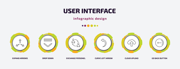 user interface infographic template with icons and 6 step or option. user interface icons such as expand arrows, drop down, exchange personel, curve left arrow, cloud upload, go back button vector. - obrazy, fototapety, plakaty