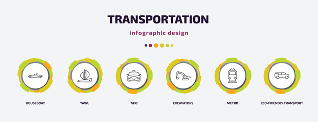 transportation infographic template with icons and 6 step or option. transportation icons such as houseboat, yawl, taxi, excavators, metro, eco-friendly transport vector. can be used for banner,