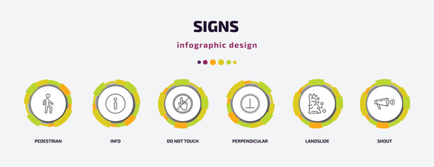 signs infographic template with icons and 6 step or option. signs icons such as pedestrian, info, do not touch, perpendicular, landslide, shout vector. can be used for banner, info graph, web,