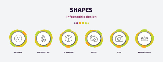 shapes infographic template with icons and 6 step or option. shapes icons such as hash key, fire over line, blank cube, lover, foto, prince crown vector. can be used for banner, info graph, web,