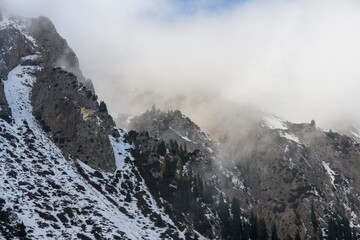 Fototapeta na wymiar Winter mountain landscape. Foggy weather in mountains.
