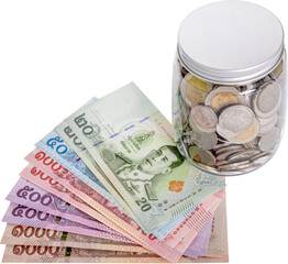money banknote thai and coin in a piggy jar bank, saving money concept