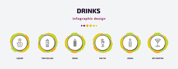 drinks infographic template with icons and 6 step or option. drinks icons such as liquor, tom collins, grain, mai tai, vodka, 007 martini vector. can be used for banner, info graph, web,