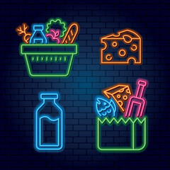 A set of neon elements for an online store grocery cart, dairy and cheese products. Shopping for food for dinner wine, fish, bread and vegetables. Vegetarian Menu