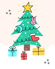Christmas tree with gifts cute vector illustration isolated on beige background. Kawaii new year illustration. Bunny, moon, Christmas stocking, gifts. 
Rabbit symbol of new year 2023