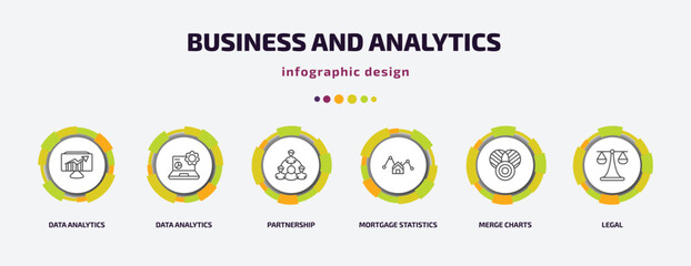 business and analytics infographic template with icons and 6 step or option. business and analytics icons such as data analytics, data partnership, mortgage statistics, merge charts, legal vector.