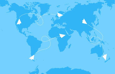 White paper planes and lines of air routes on a blue world map. Flat vector illustration