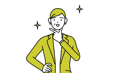 自信家のポーズを取るスーツ姿のシニア女性、女性管理職・キャリアウーマン