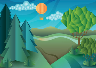 Obraz premium Landscape in the style of paper cutting. Three-dimensional trees, bushes, grass, fir trees, river, clouds, balloon are cut out of paper.