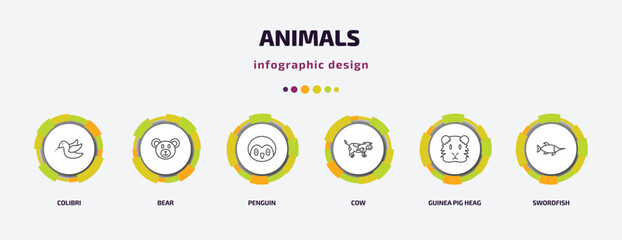 animals infographic template with icons and 6 step or option. animals icons such as colibri, bear, penguin, cow, guinea pig heag, swordfish vector. can be used for banner, info graph, web,