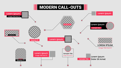 Modern call outs with photo boxes. Digital callout set. Infographic pink layout titles and video, vector design.
