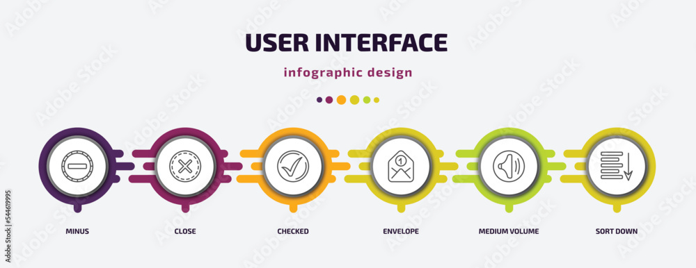 Poster user interface infographic template with icons and 6 step or option. user interface icons such as mi