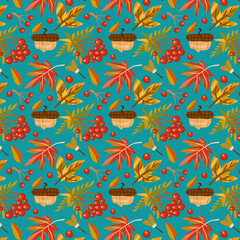 Autumn pattern with rowanberry, leaves, acorns. Vector illustration. Background for fabric, wallpaper, design. Children's illustration.