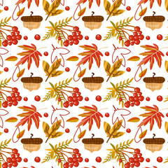 Autumn pattern with rowanberry, leaves, acorns. Vector illustration. Background for fabric, wallpaper, design. Children's illustration.
