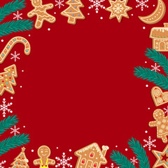 Red Christmas gingerbread background. Xmas design with winter cookies, fir branches, snowflakes and snow. Empty space for your text. Template for cards, banner, poster.