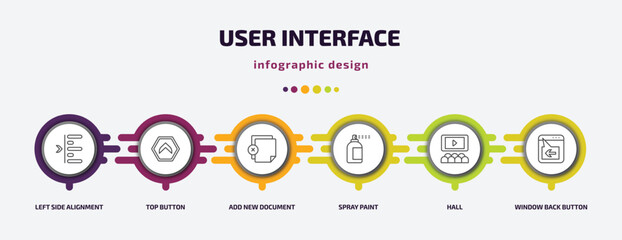 user interface infographic template with icons and 6 step or option. user interface icons such as left side alignment, top button, add new document, spray paint, hall, window back button vector. can