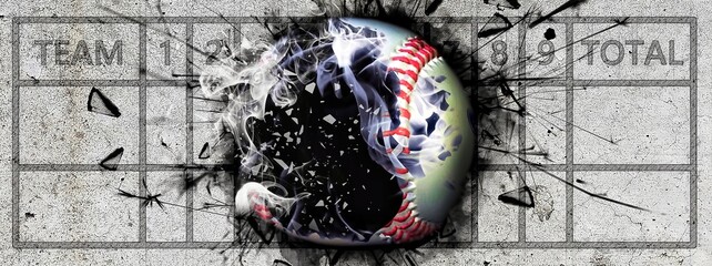 3d illustration of baseball ball stuck in scoreboard