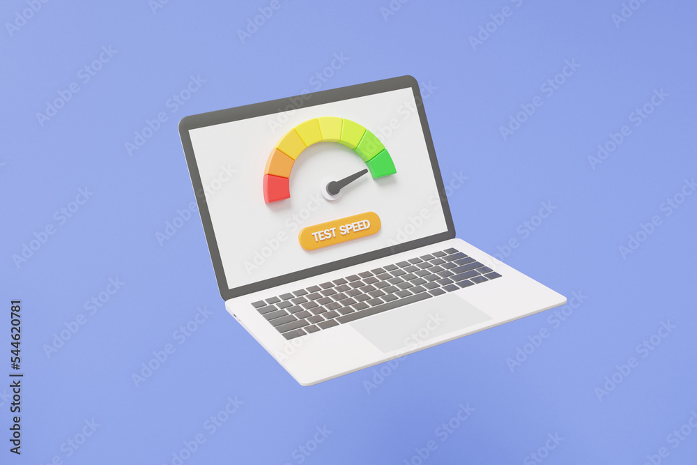 Poster Minimal cartoon Arrow point Pointer rating high scale test speed internet on computer notebook speed status green speedometer icon performance, technology, investment network. 3d render illustration